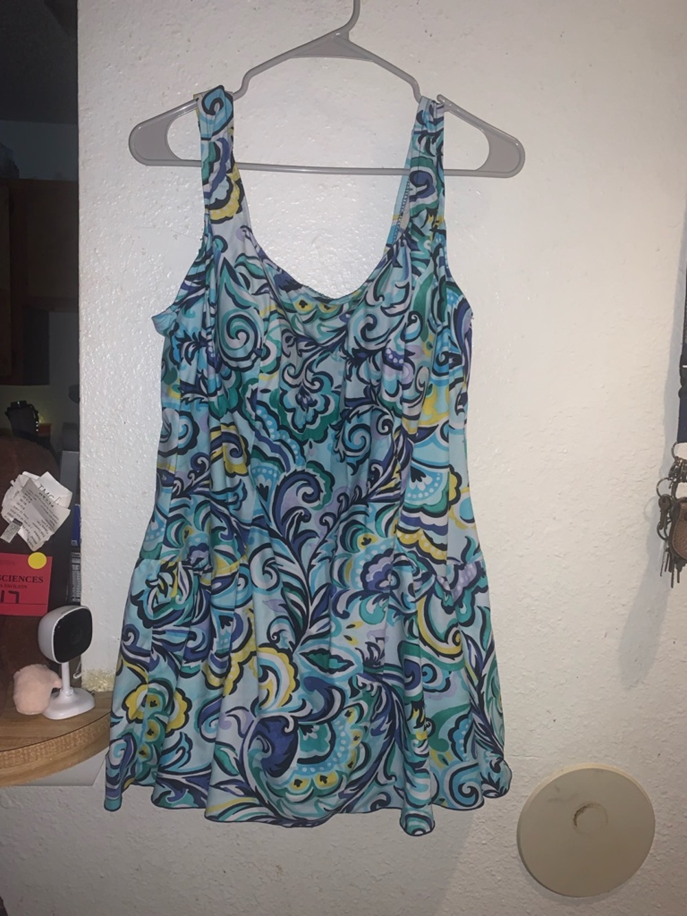 Maxine of Hollywood Swirl Print One-Piece Swimdress in Teal, Blue, Yellow